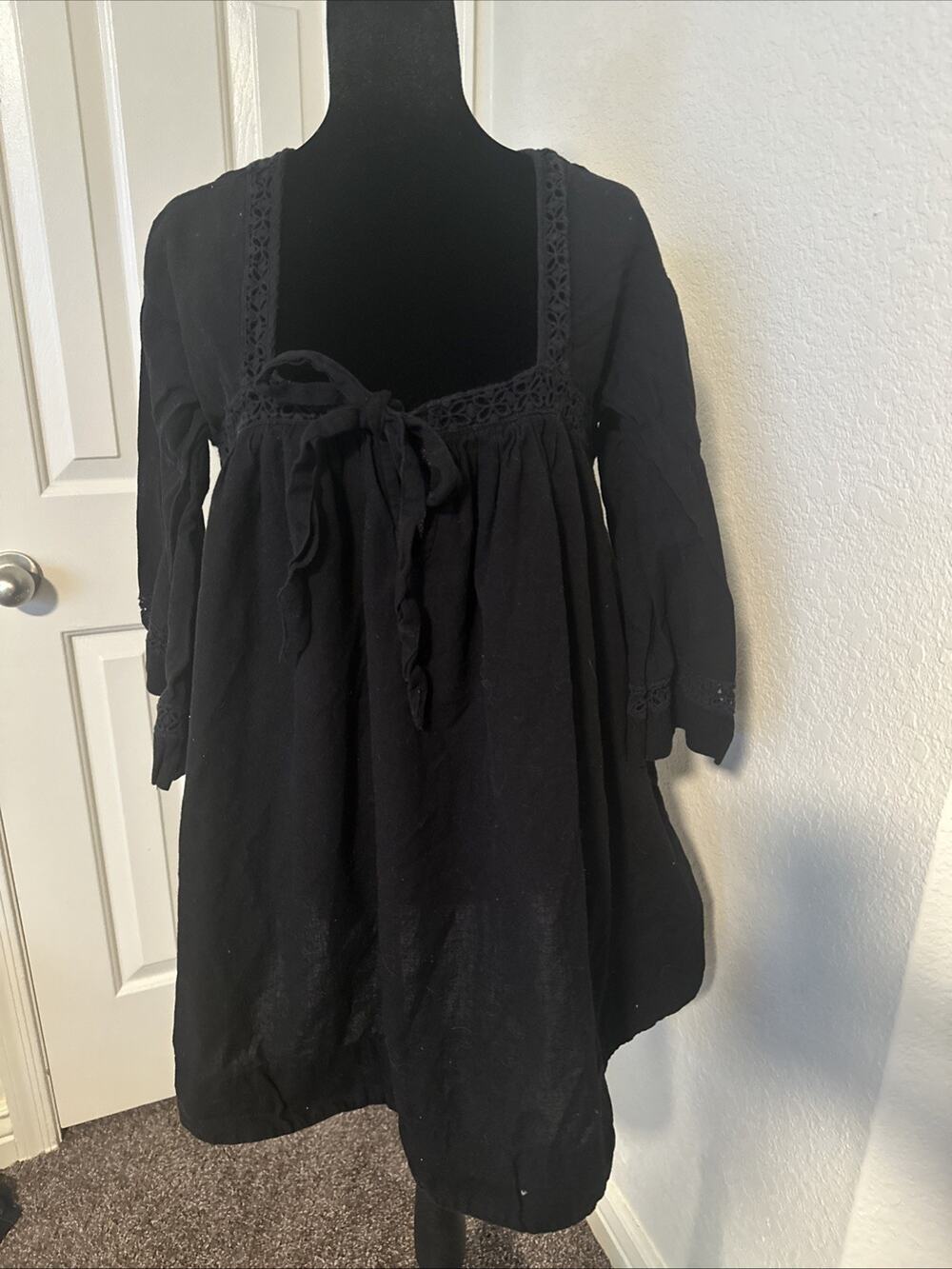 Free People XS Mini Babydoll Dress Black Tie Front